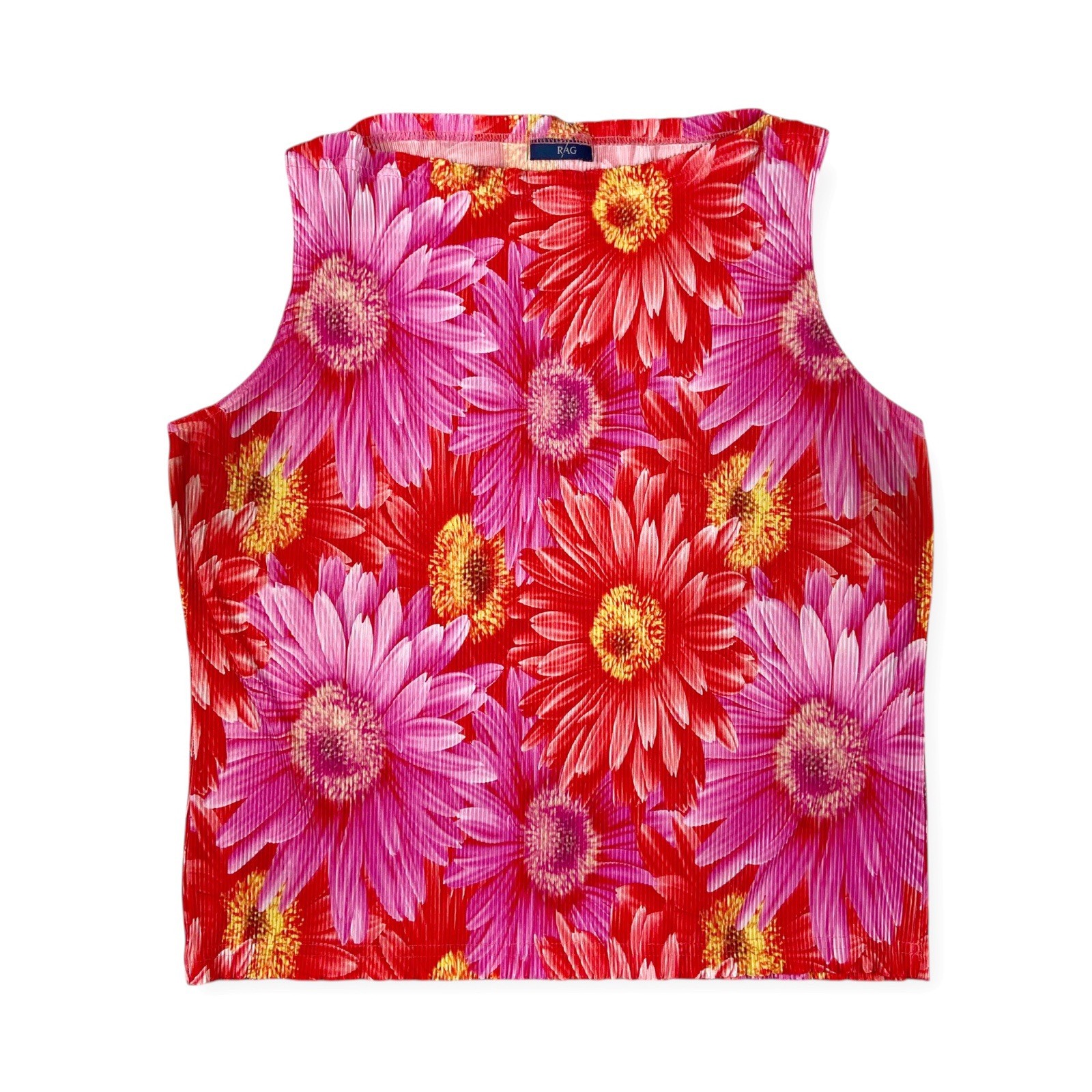 RAG Women&rsquo;s Vintage 90&rsquo;s Pink Orange Daisy Ribbed Stretchy Boat Neck Top