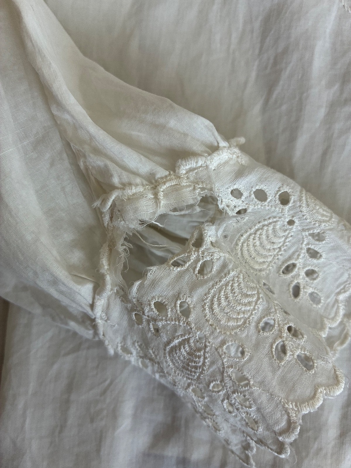 Antique Edwardian White Cotton Waist Blouse Embroidery Eyelet High Neck
