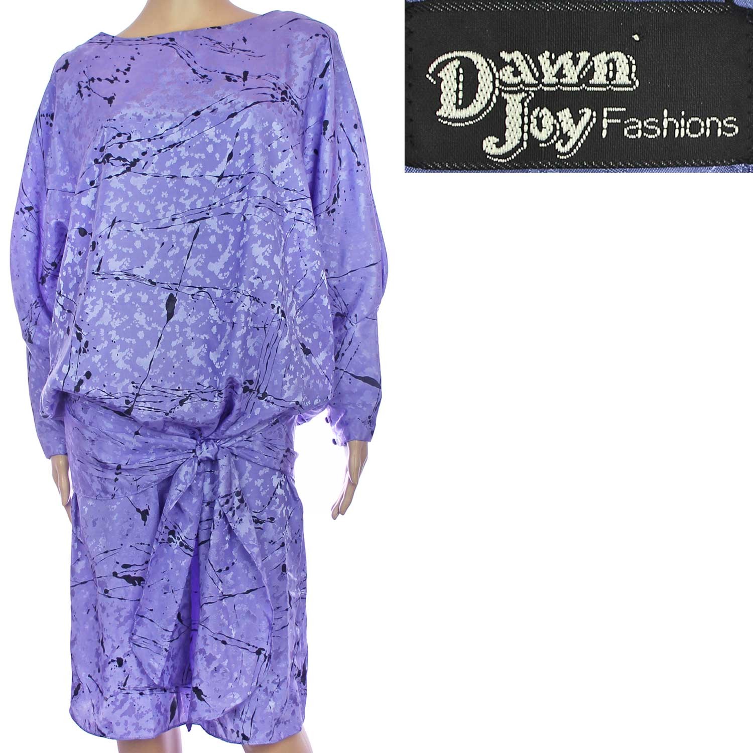 80s Vintage Day Dress Scarf Style Purple Paint Splatter Print Dawn Joy 10