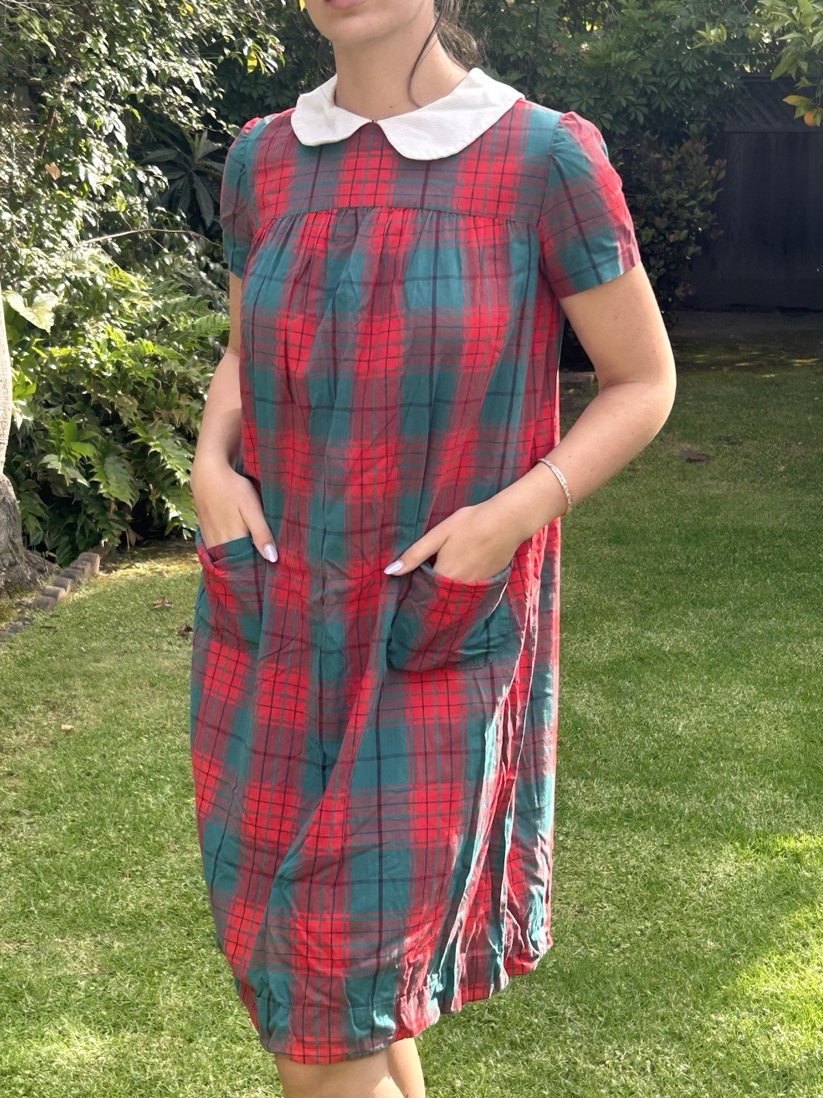 Vintage 1960s M Cotton Handmade Peter Pan Collar Plaid Dress School Girl Vibes