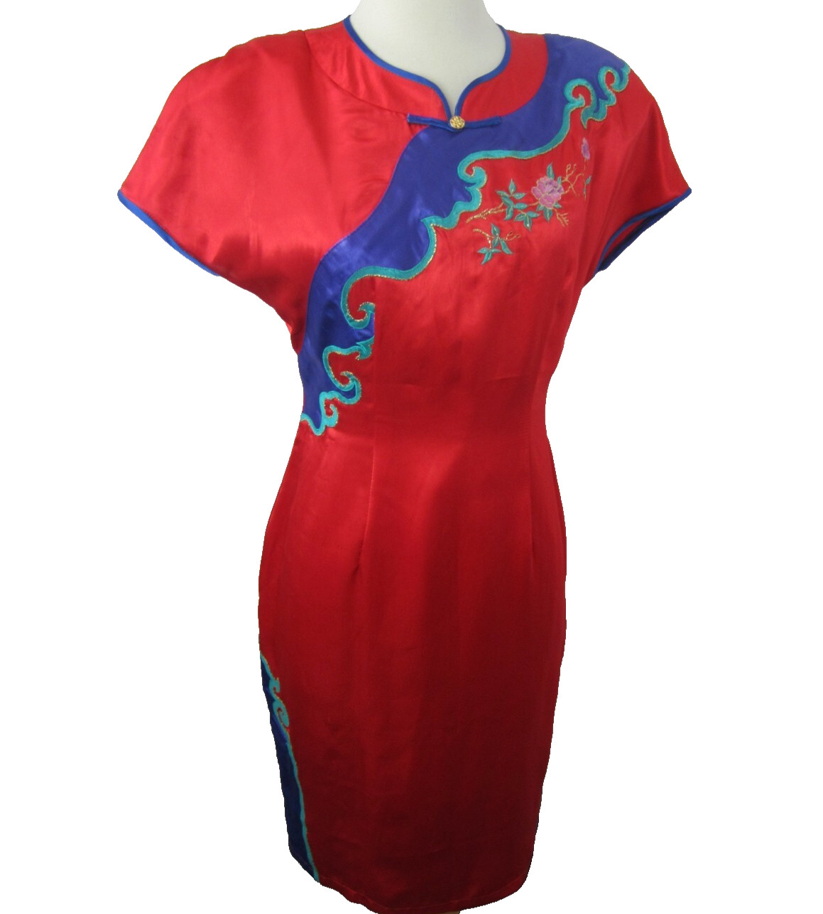 Vtg 60s-70s Silk Dress Red Cheongsam Qipao Wiggle Dress Embroidered Size Large