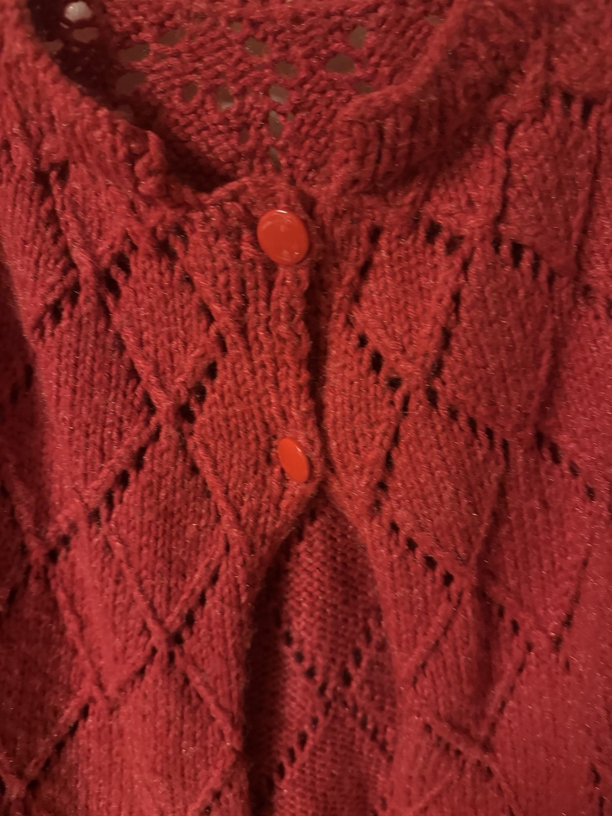 Vintage 1960-1970’s Red Hand Knit One Of A Kind Caplete With Fringe DiamondLace