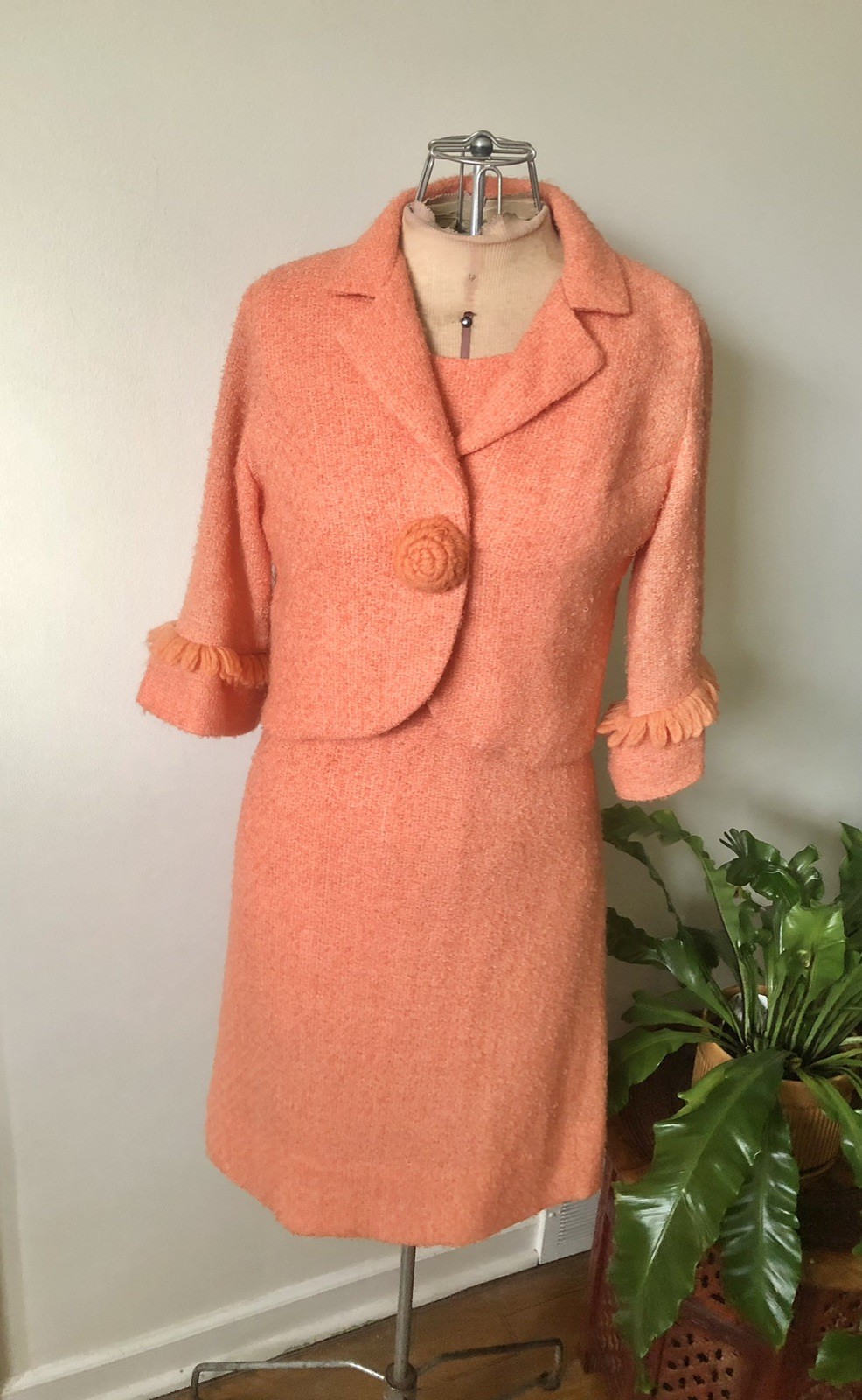 1950’s-1960’s Orange Sherbet Boucle Dress & Jacket Set