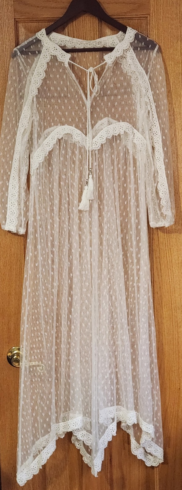 Swiss Dot Mesh Laced Maxi Naked Dress Asymmetric Women M Off White Boho Ethereal