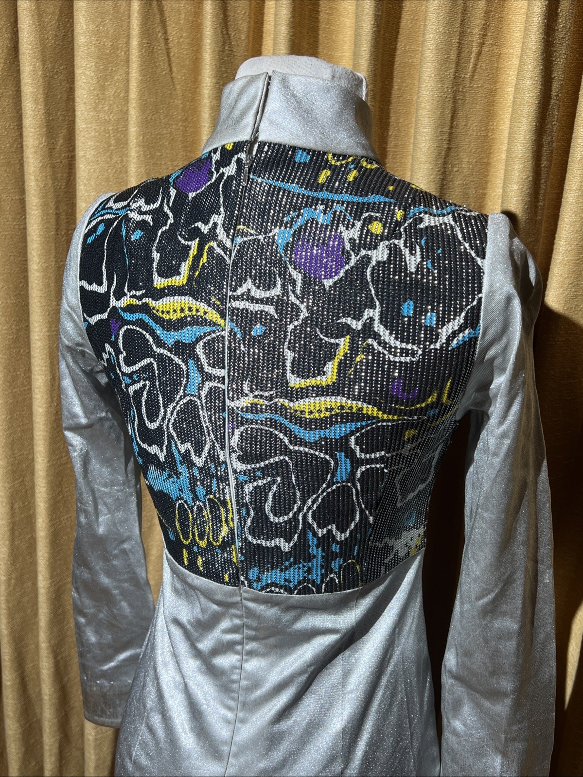 Vtg 1960s Liquid Silver Psychedelic Space Age Disco Maxi Dress With Bell Sleeves
