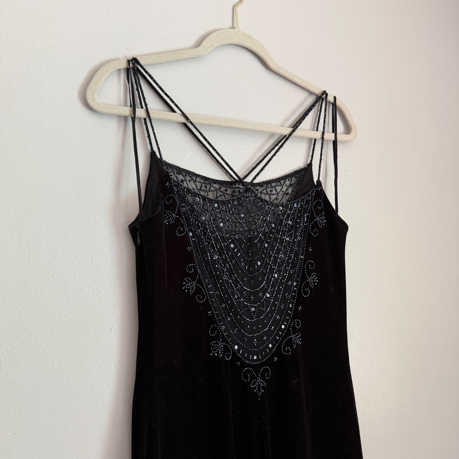 Dave & Johnny Laura Ryner Vintage Black Velvet Beaded Maxi Dress Prom Gown 11/12