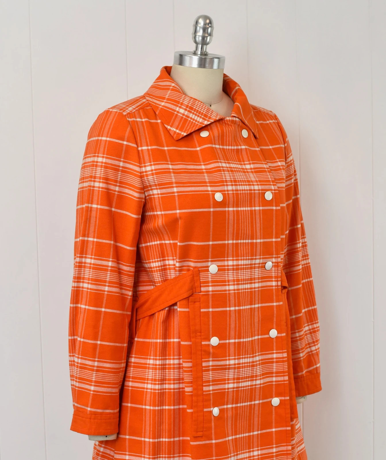 1970s Courreges Hyperbole Orange White Plaid Cotton Coat Jacket Dress