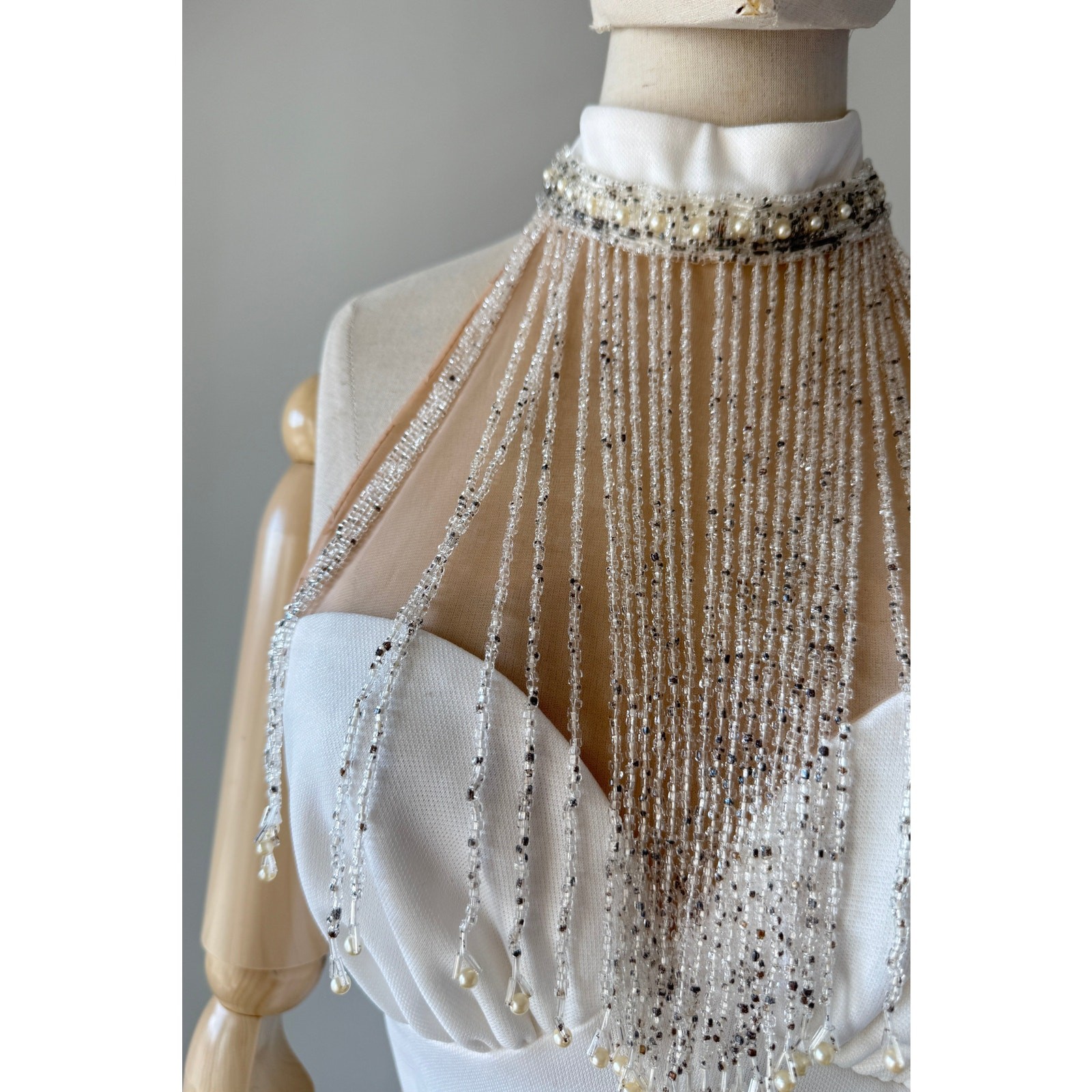 Vintage 1970s White Beaded Frederick&rsquo;s of Hollywood Halter Bridal Jumpsuit SMALL