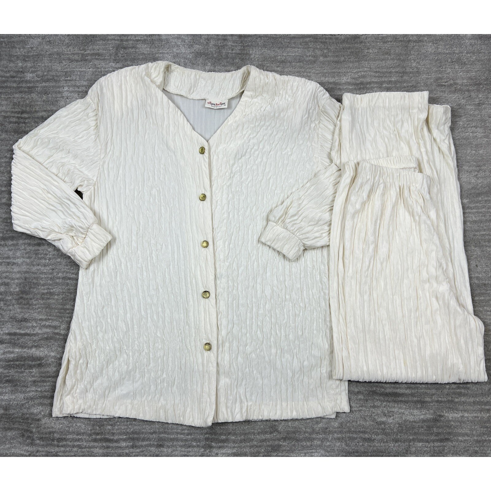 Tops n Tops Pant Set Women 10 Cream White Vintage Crinkle 2 Piece Button Front
