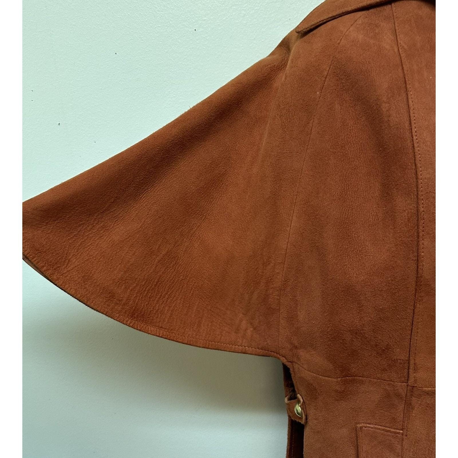 Vintage Hippie Rust Orange Suede Leather Cape Sleeve Coat Jacket Open Sides