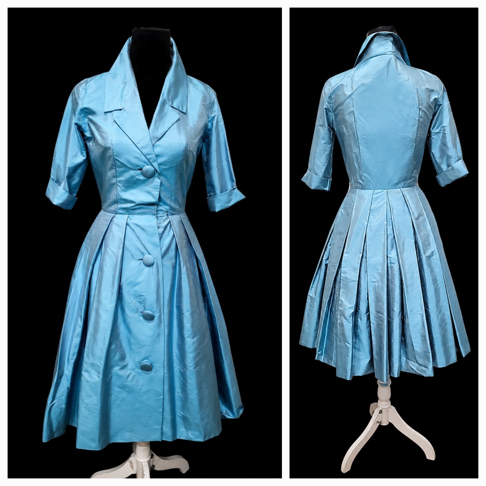 Rare VTG 50s Marie Leavell Aqua Blue Silk Shirt Dress Mid Century Boutique/Pleat