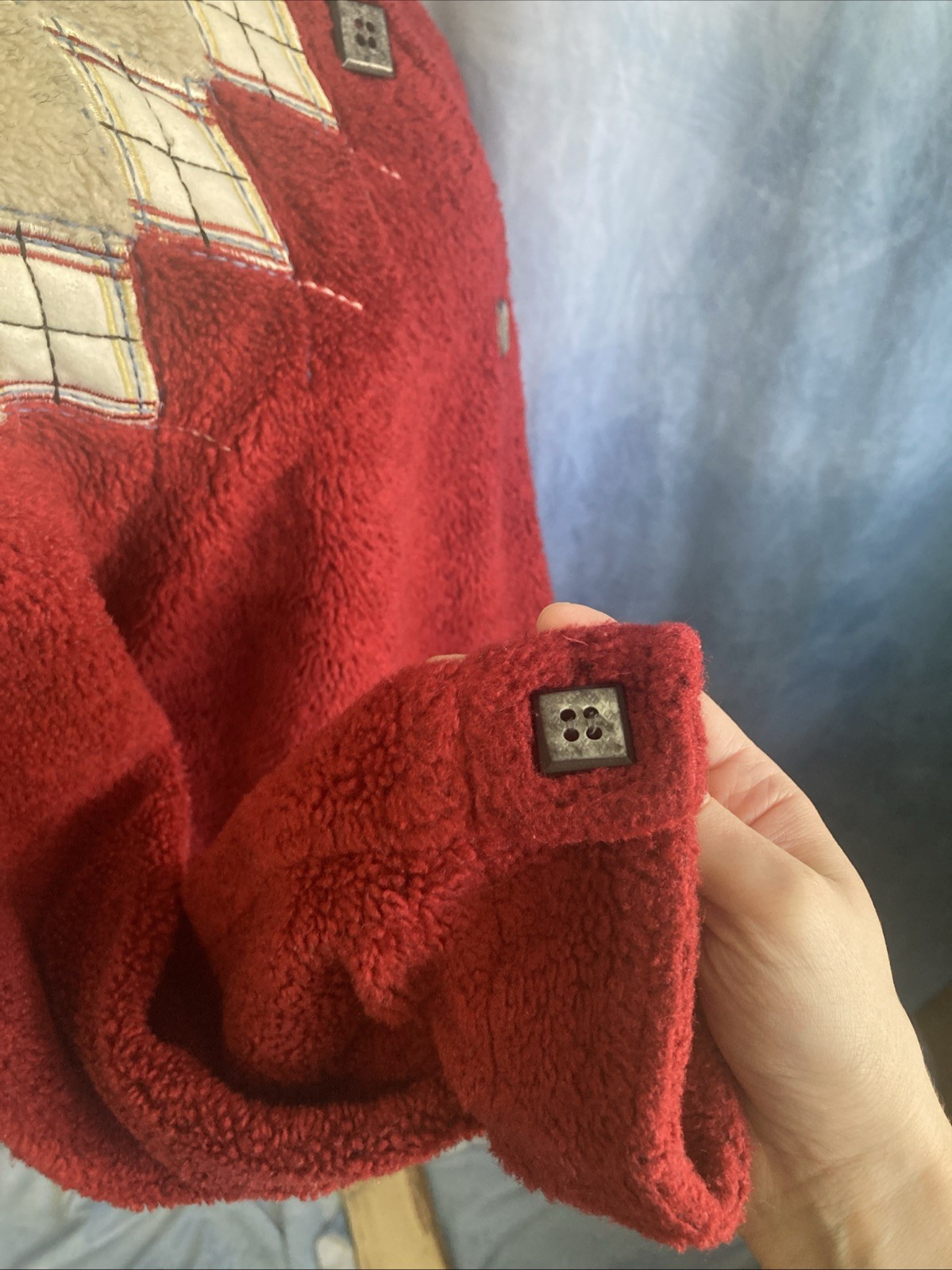 Vtg 1990s Teddi Red Argyle Fleece Jacket Women’s Small Button Up Cardigan GUC