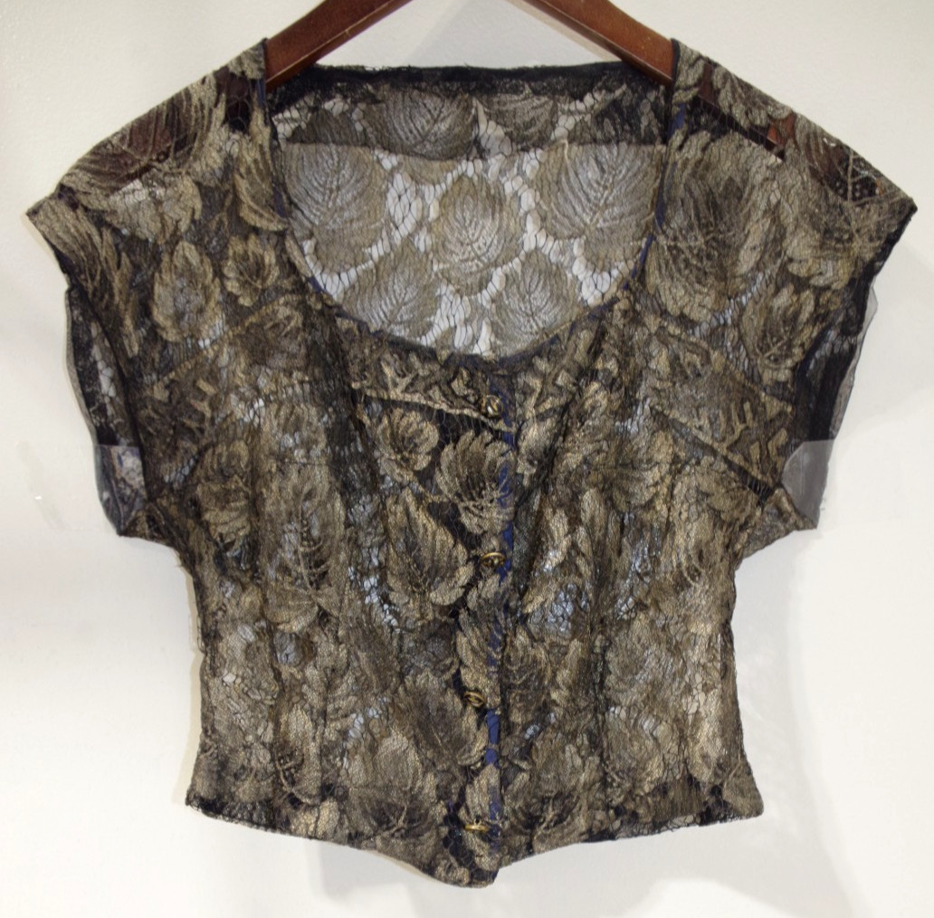 C7 Antique – Vintage Black & Bronze French Lace TOP XS Home Sewn Elegant Blouse