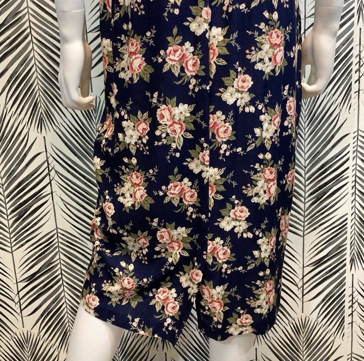 Vintage 1980’s Dark Floral Rose Print Midi Dress, Navy Blue and Pink, Size 12