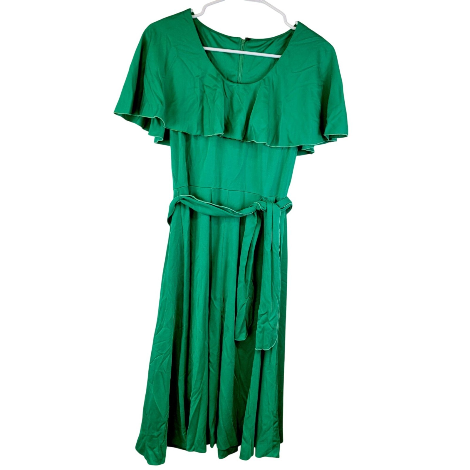 Vintage 70s Green Tiered Midi Dress Women Small 4 6 Fit Flare Formal Party Dress