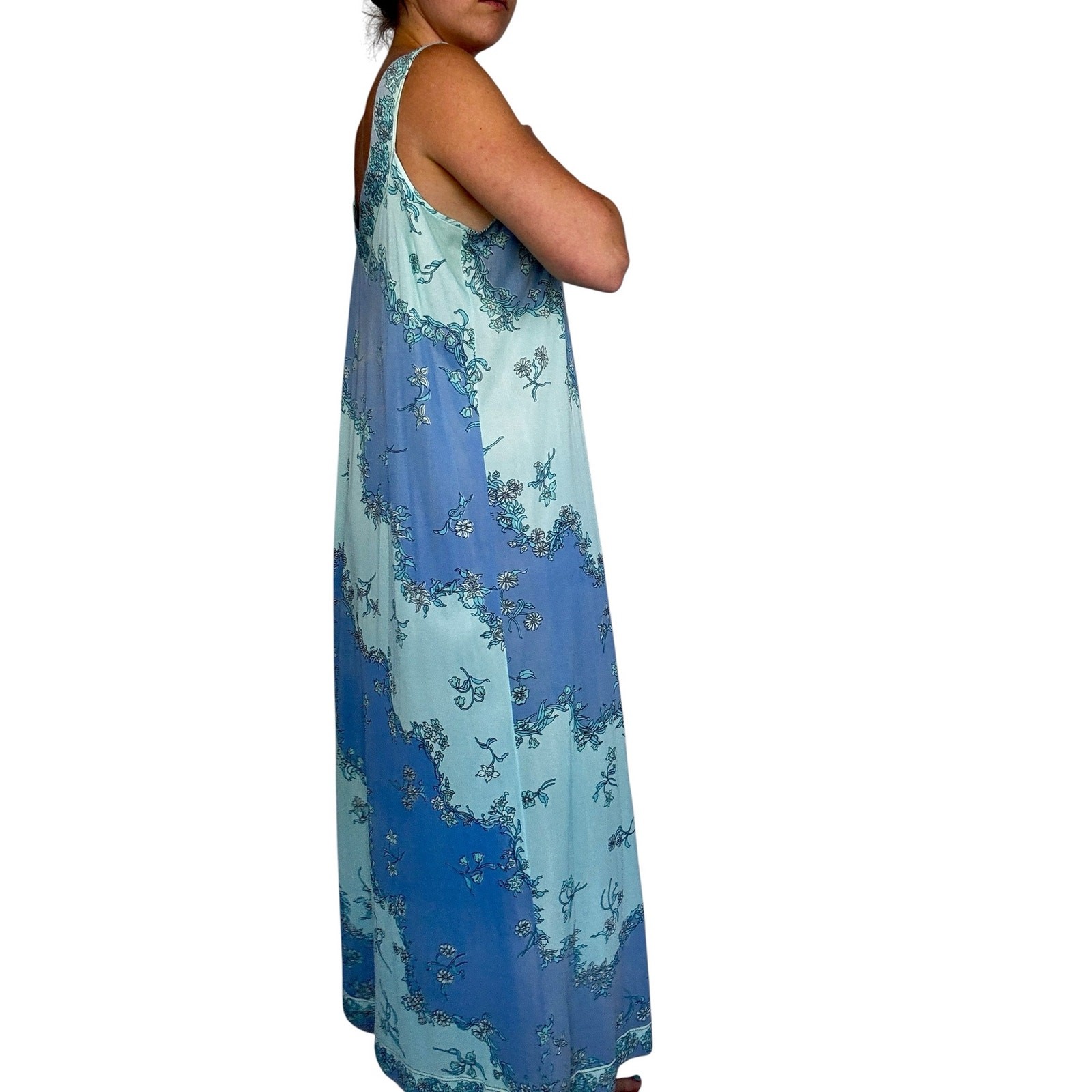 Vintage 1970s EMILIO PUCCI for Formfit Rogers Blue Floral Nylon Maxi Dress Slip