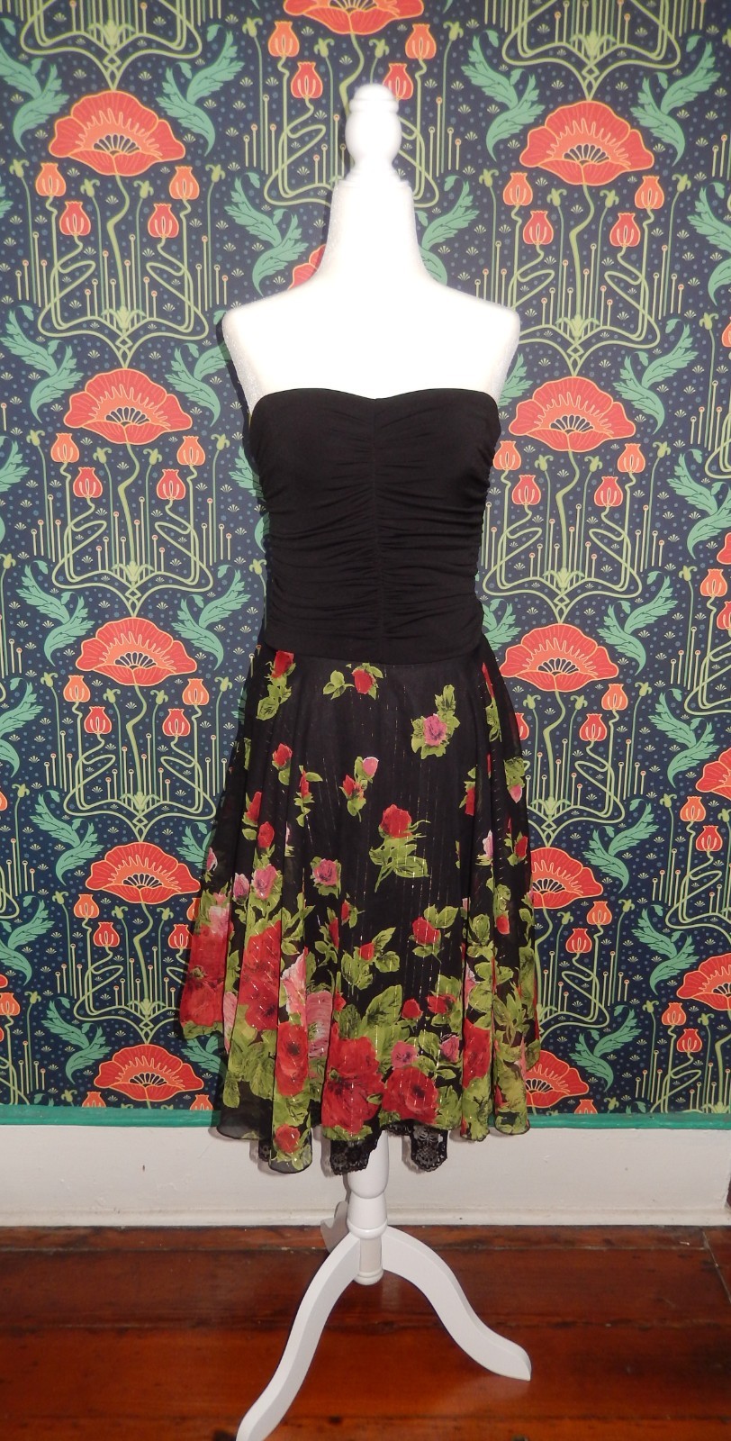 Vintage Y2k Strapless Ruched Rose Print Fit Flare Whimsigoth Party Dress