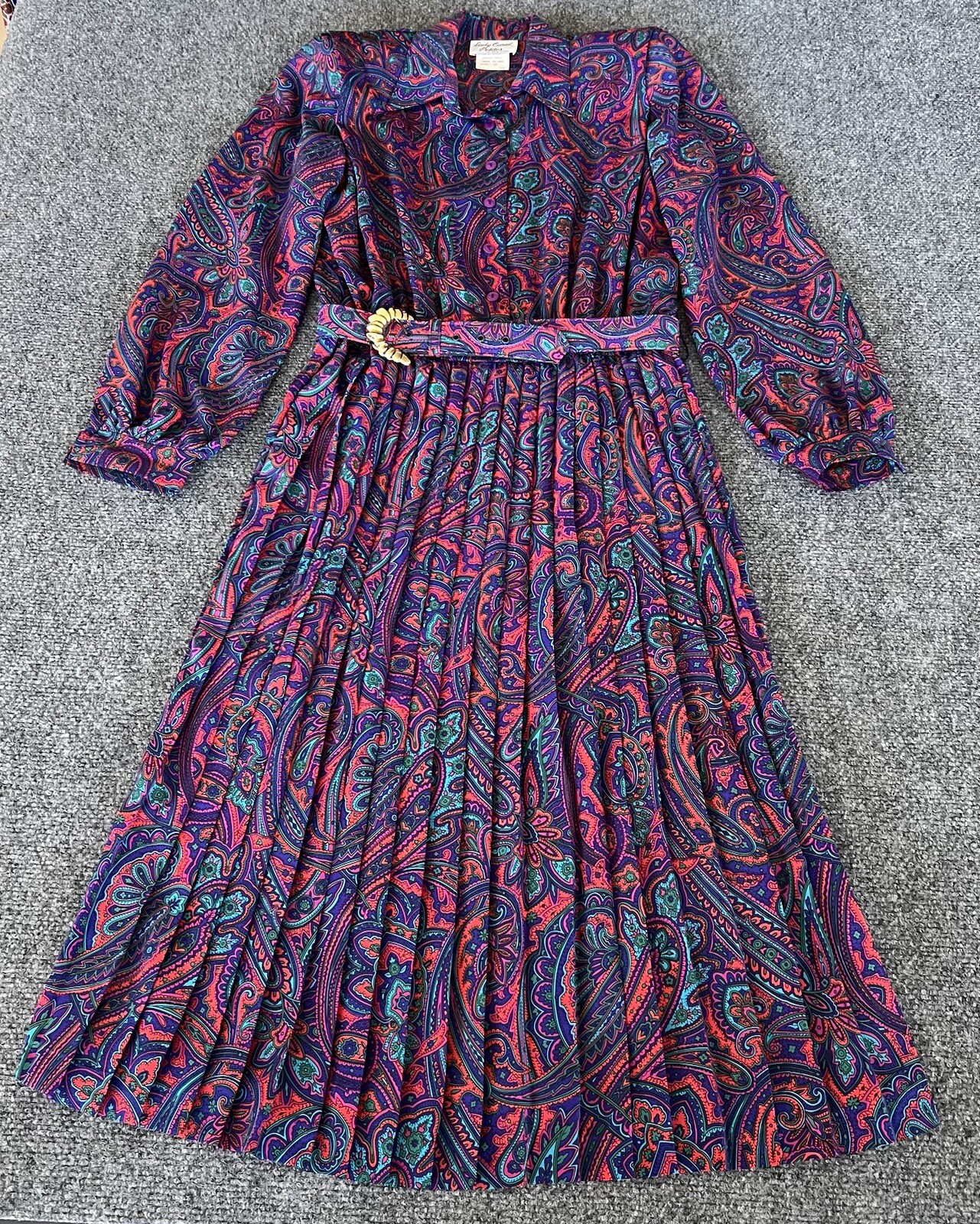 Lady Carol Petites VTG Dress Red Blue Neon Pleated Belted Hippy Fairy Size 10