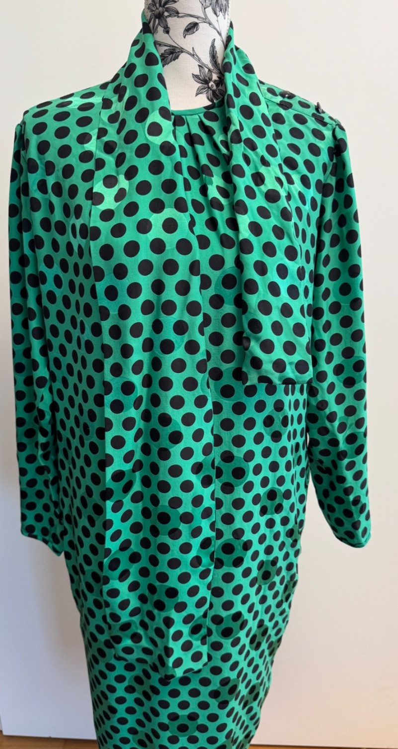 Vintage Emanuel Ungaro Ter silk green black polka dot dress size 6