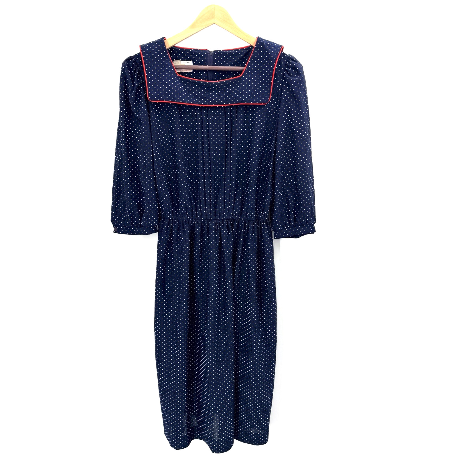 Vintage 1970&rsquo;s Lady Carol Navy Blue Polka Dot Retro Pinup Sailor Midi Dress 14