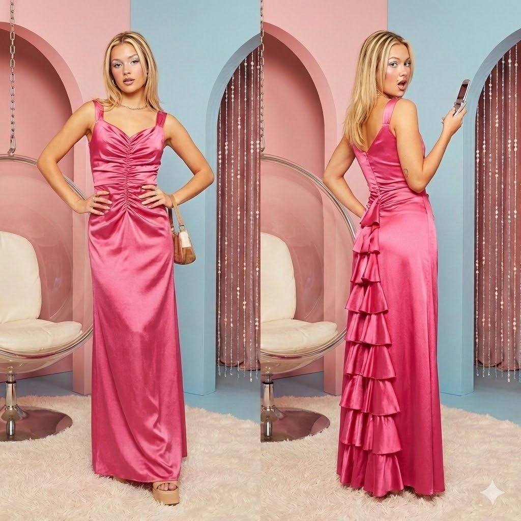Vintage Y2K Gunne Sax Prom Dress Pink Satin Ruffle Ruched Coquette Balletcore 7