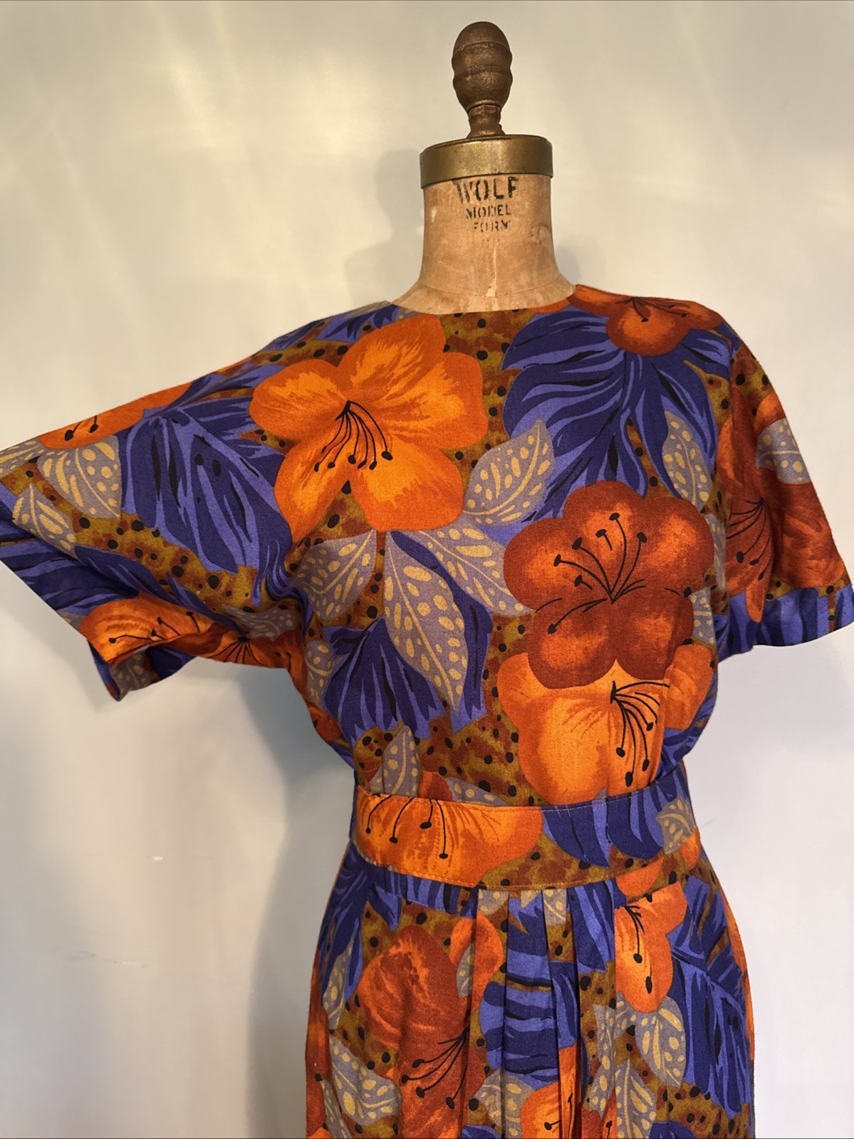 Vintage Jeffrey & Dara Tropical Print Faux Wrap Pencil Wiggle Dress Belt 5/6 USA