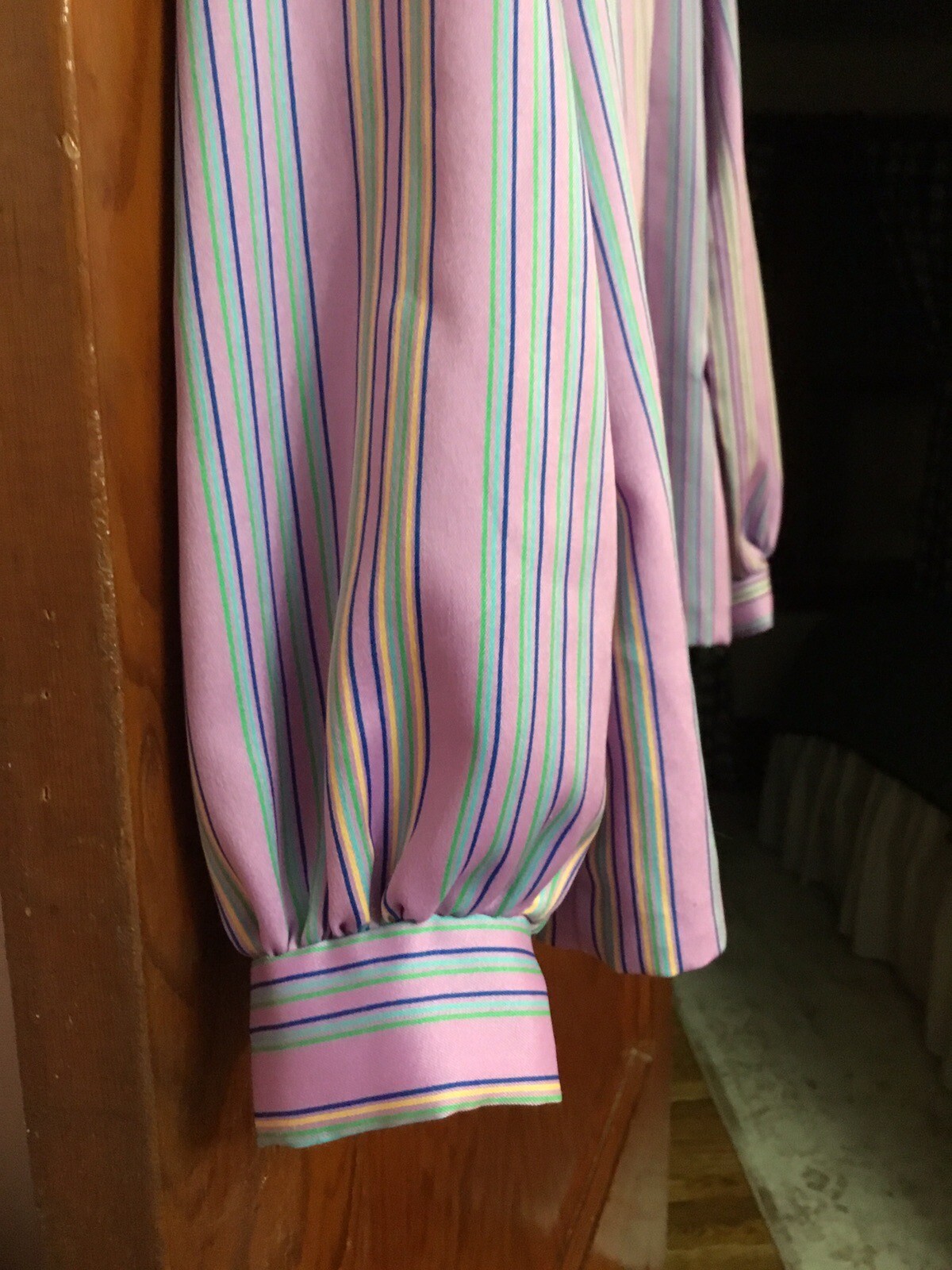 VTG 70s 80s High Ruffle Collar Button Down Violet Purple Blue Striped SZ 16