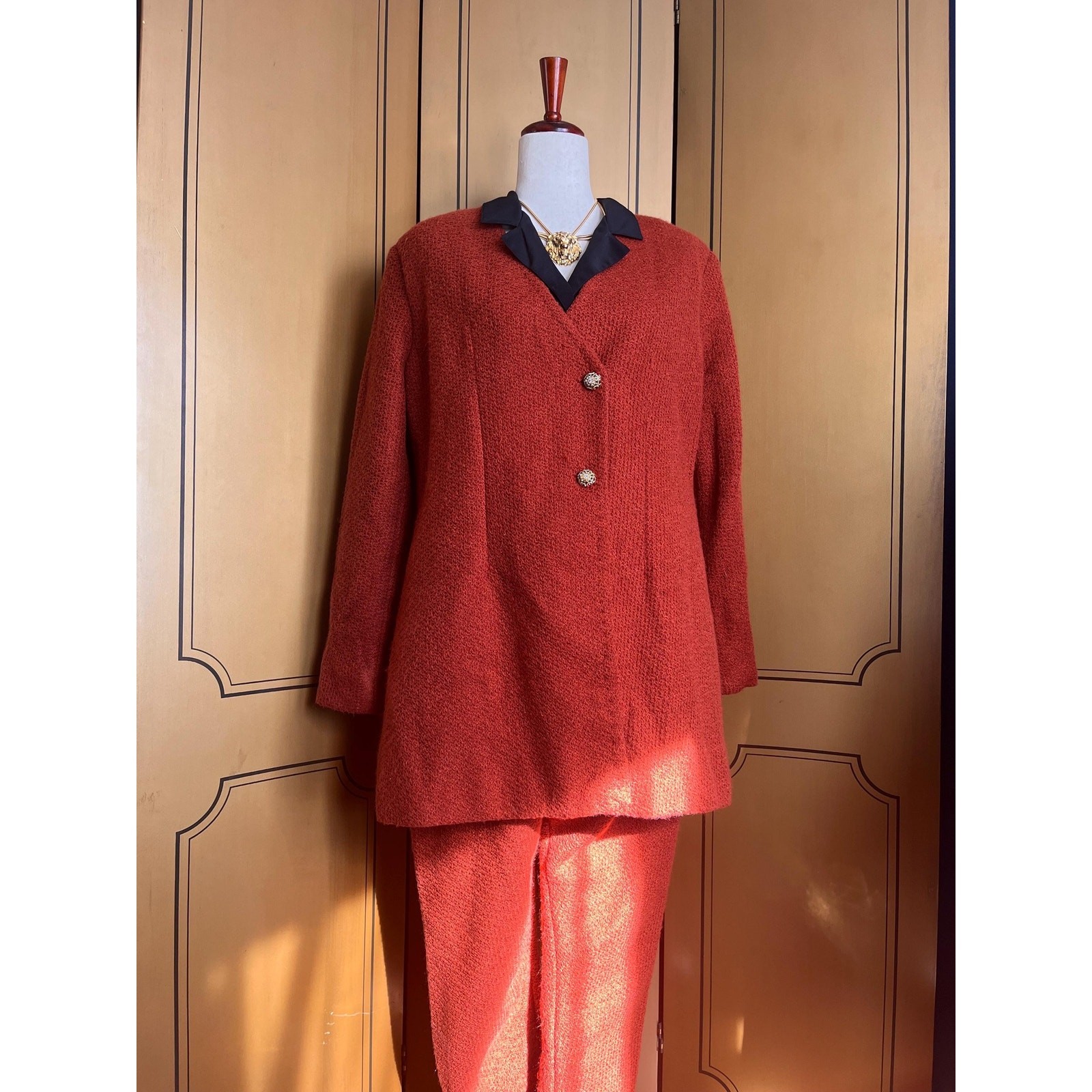 Handmade woolen pantsuit in rust, size 18