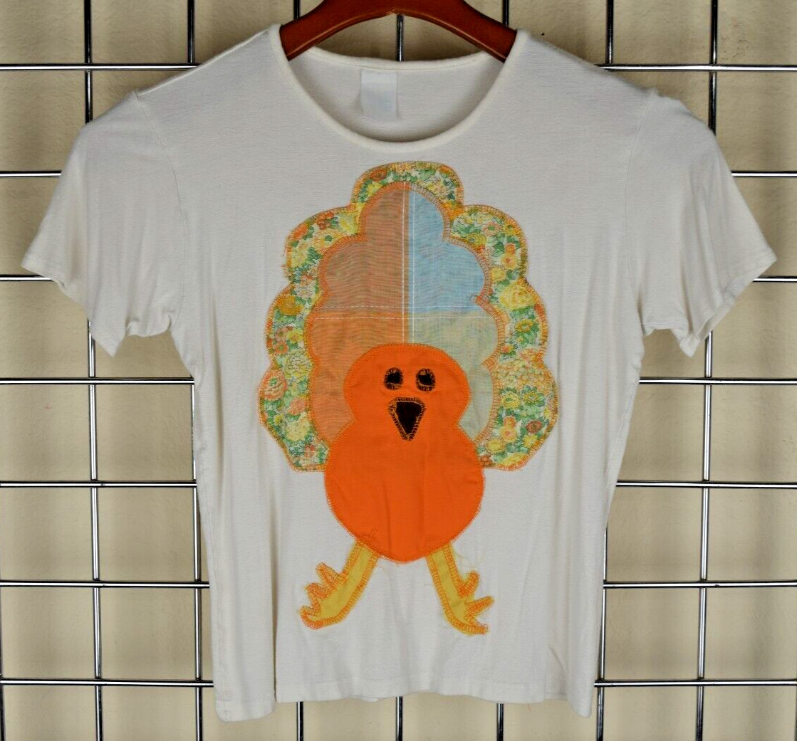 Vintage T-Shirt S/M 90s OOAK Hand Made 3 Layered Colorful Turkey Applique Cotton