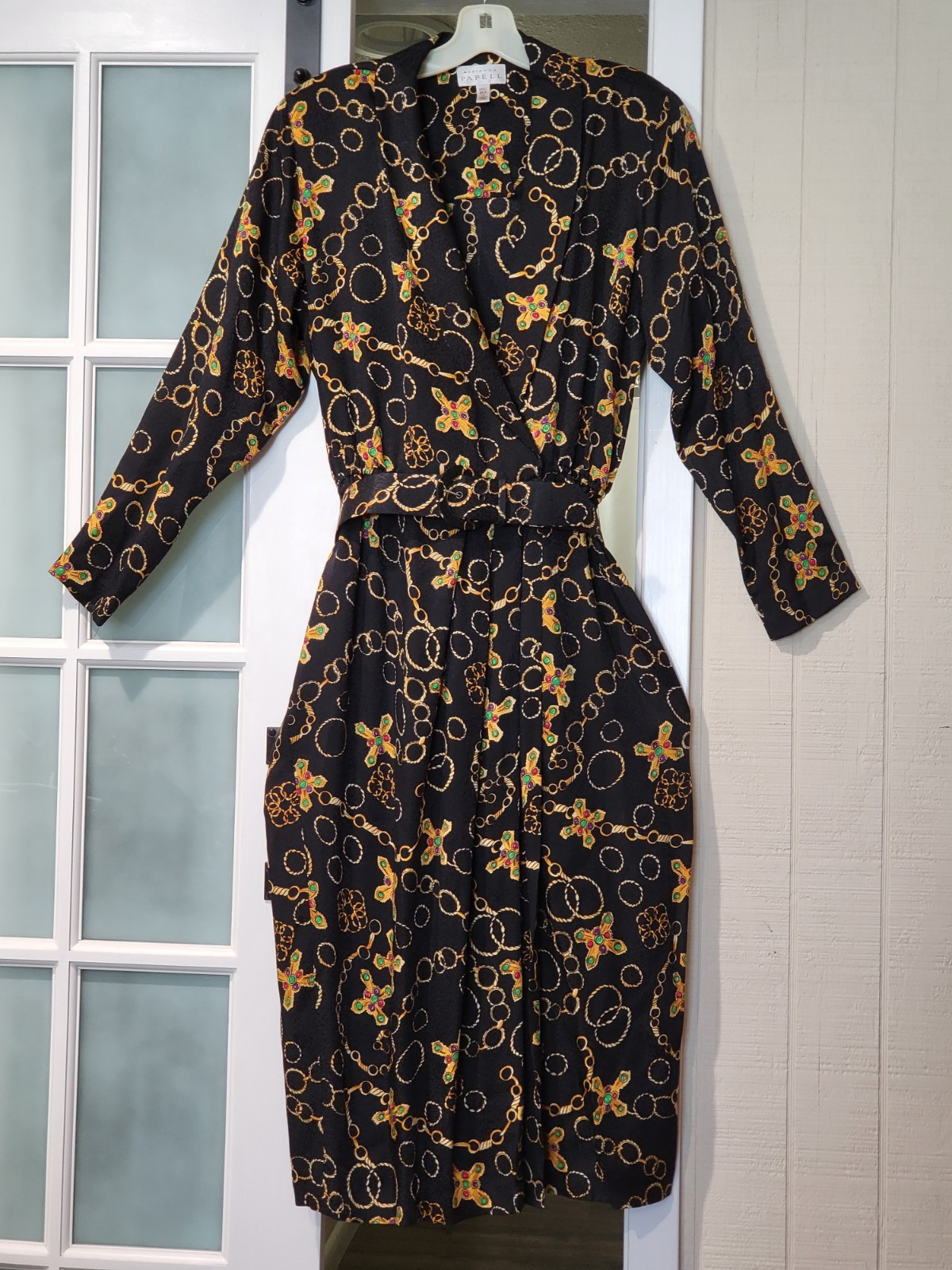 Vtg Adrianna Papell 100% Silk Gold Chain Jewel Cross Print Glamour Dress sz14