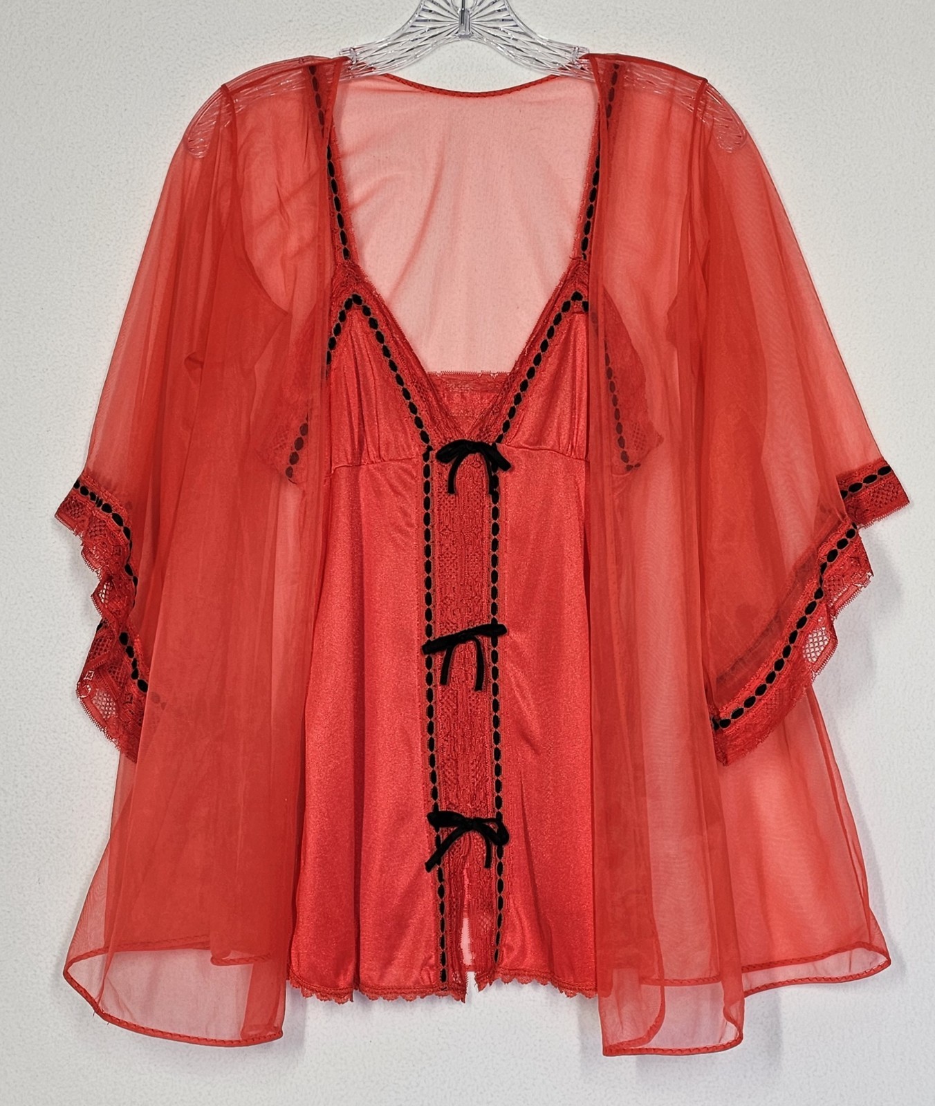 Vtg Pandora 2 Pc Sheer Peignoir Set Red Black Chiffon Small Babydoll Negligee