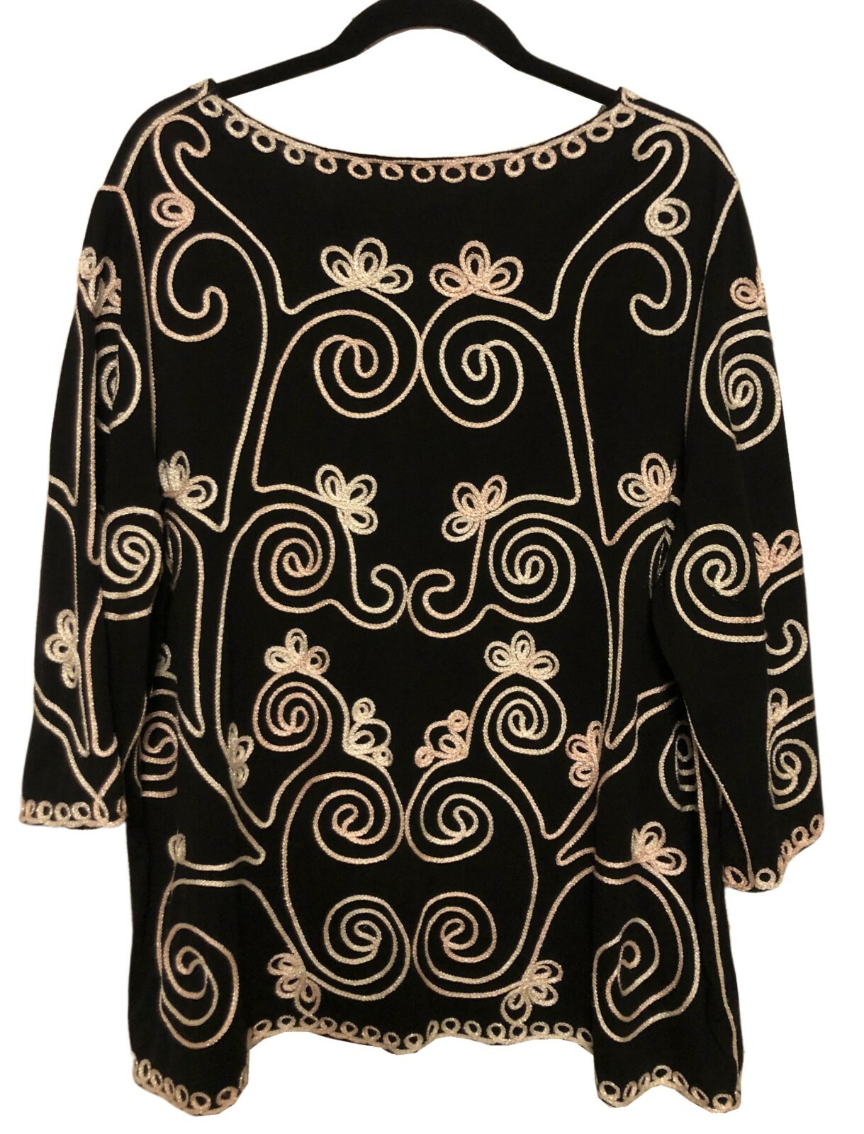 vtg MAGGIE BARNES Soutache Tunic Top 2X Black Stretch Knit Party/Cocktail