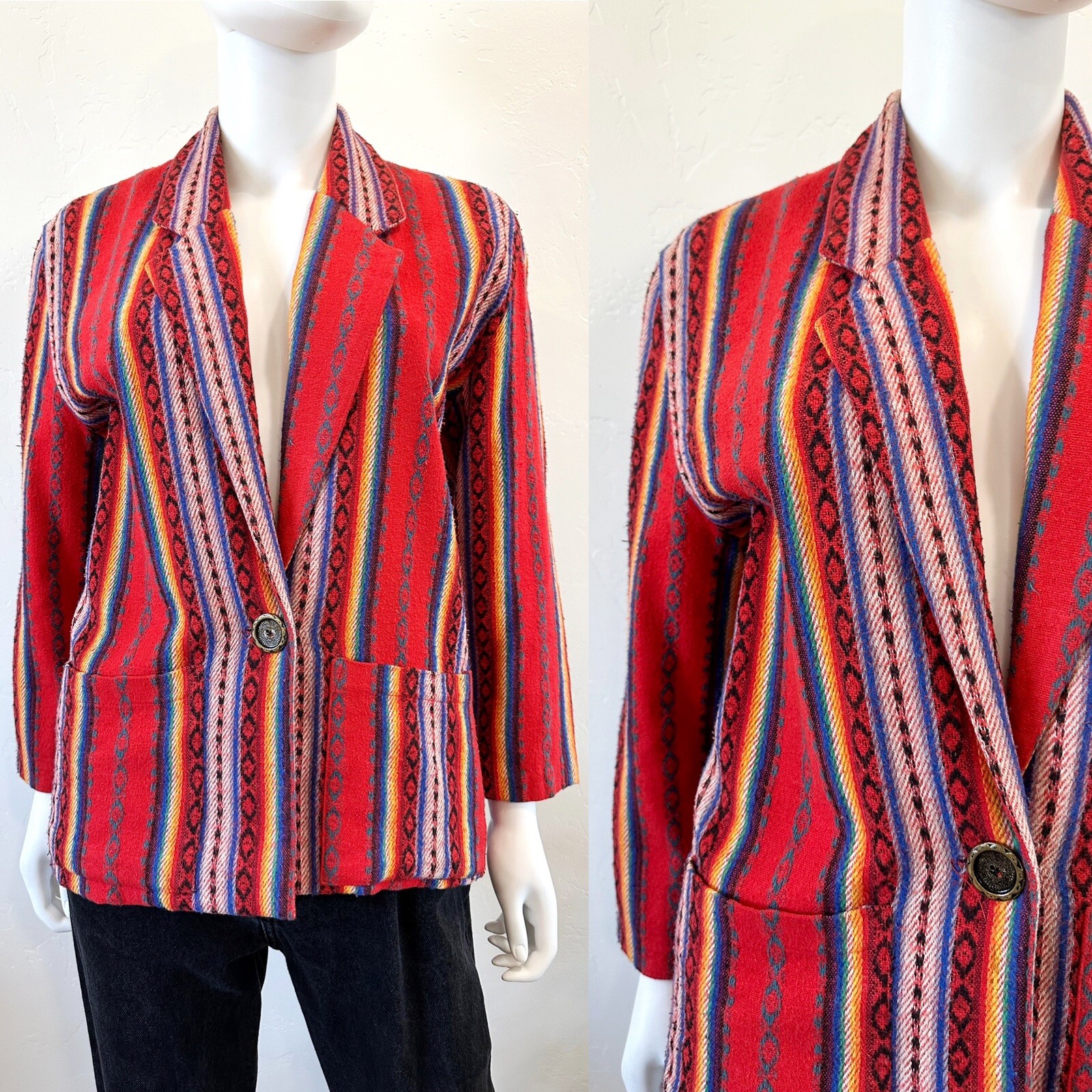 VTG CALIFORNIA CONCEPTS RAINBOW STRIPE AZTEC SOUTHWESTERN BLAZER JACKET SIZE S