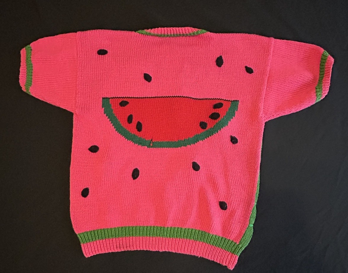 VTG 80&rsquo;s PICKING WATERMELON HANDMADE PERUVIAN EMBELLISHED NOVELTY SWEATER S-LG