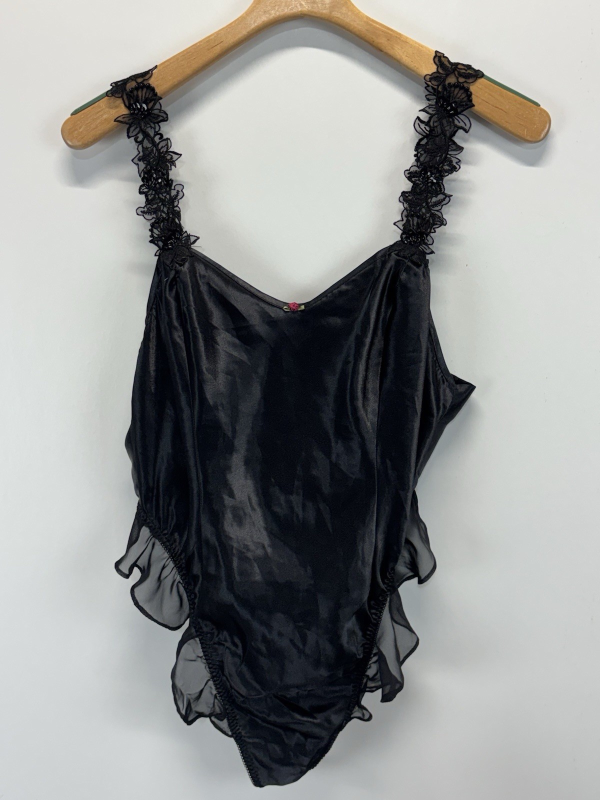 Vtg California Dynasty Satin Bodysuit Women’s L Black Ruffle Made In USA 1 Piece