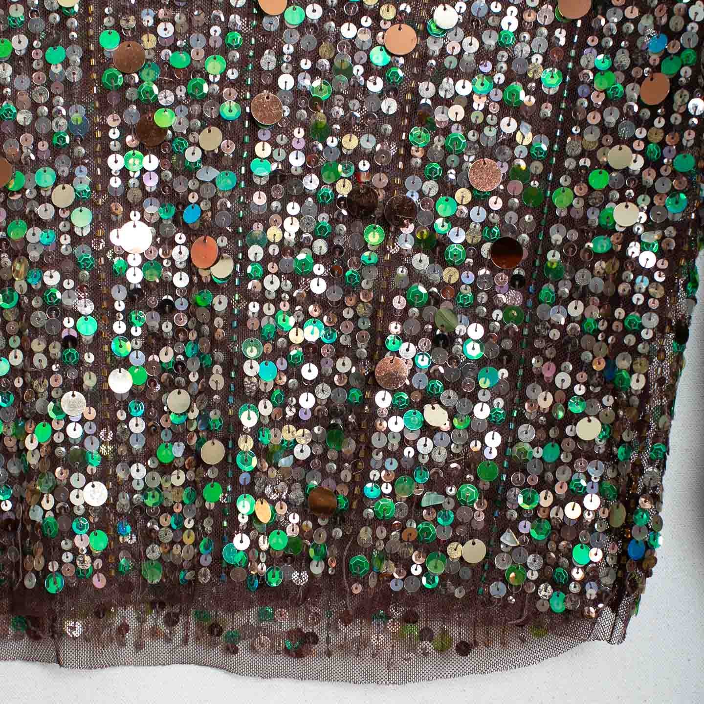 Vintage Sequin Crop Top Brown Mesh Green Silver Gold Scoop Neck Long Sleeve S/M