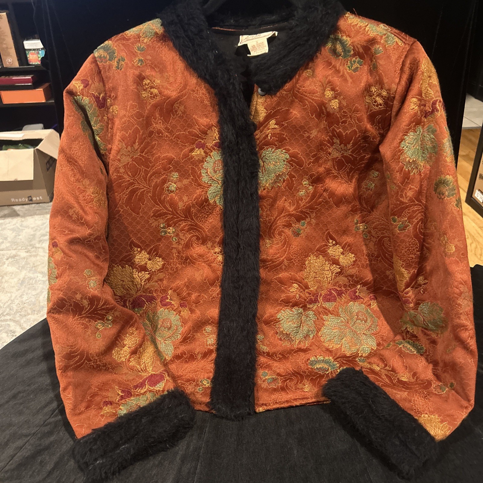 Vintage April Cornell Burnt Orange Tapestry Jacket W/ Black Faux Fur Trim S