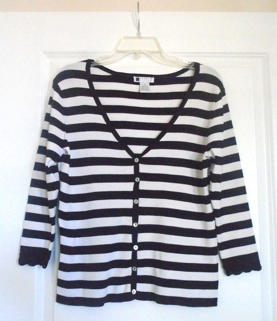 CAROLE LITTLE White Black Striping Rayon Nylon Blend Cardigan Sweater Size M!