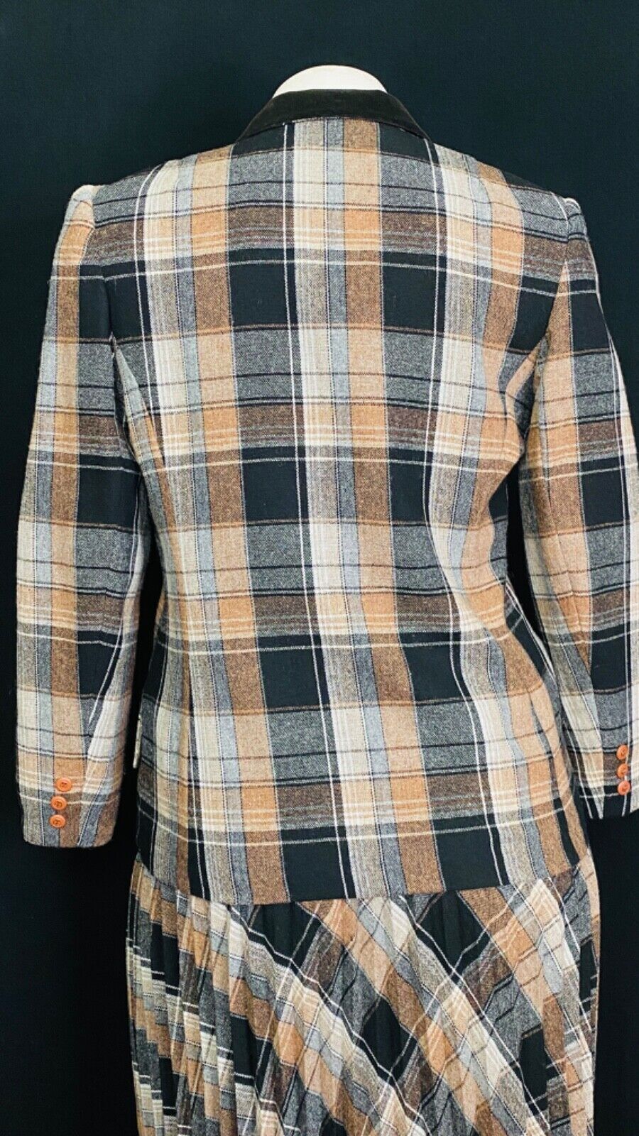 Vintage brown black wool plaid suit jacket blazer skirt set outfit XL plus size