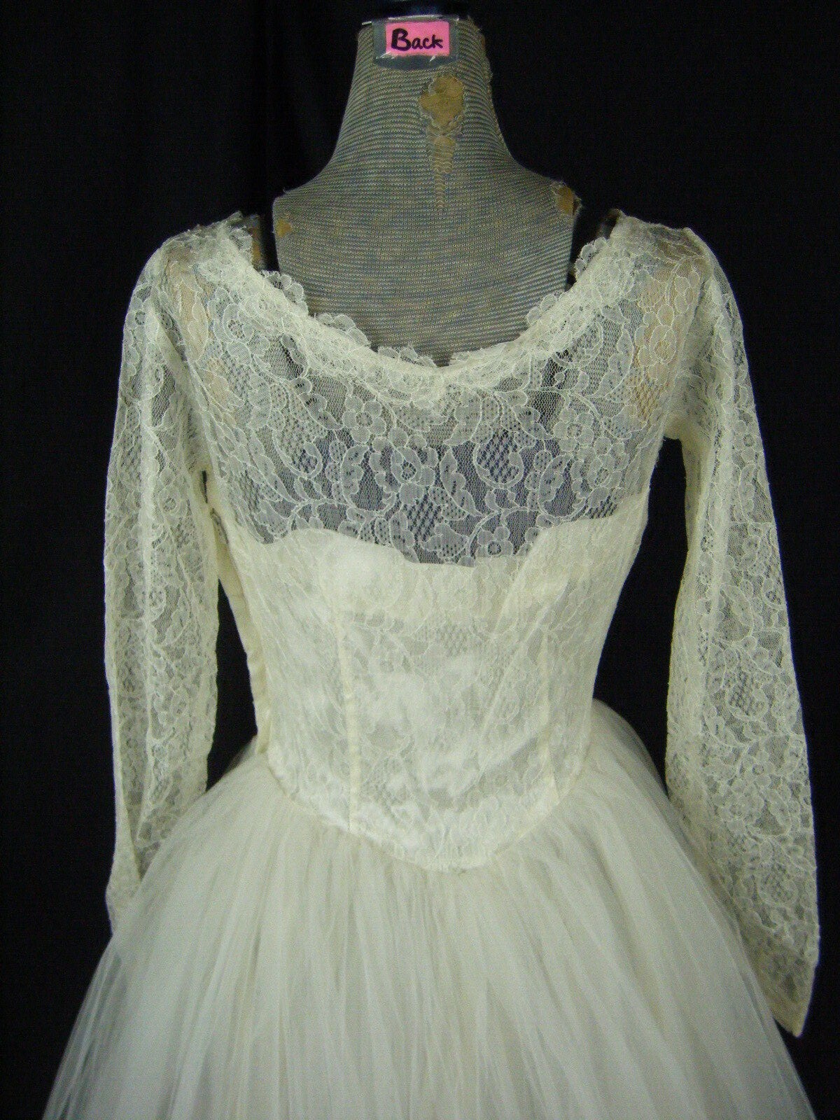 Dated 1955 Vtg Ivory Lace Net Illusion Full Tulle Wedding Dress-Bust 36/2XS
