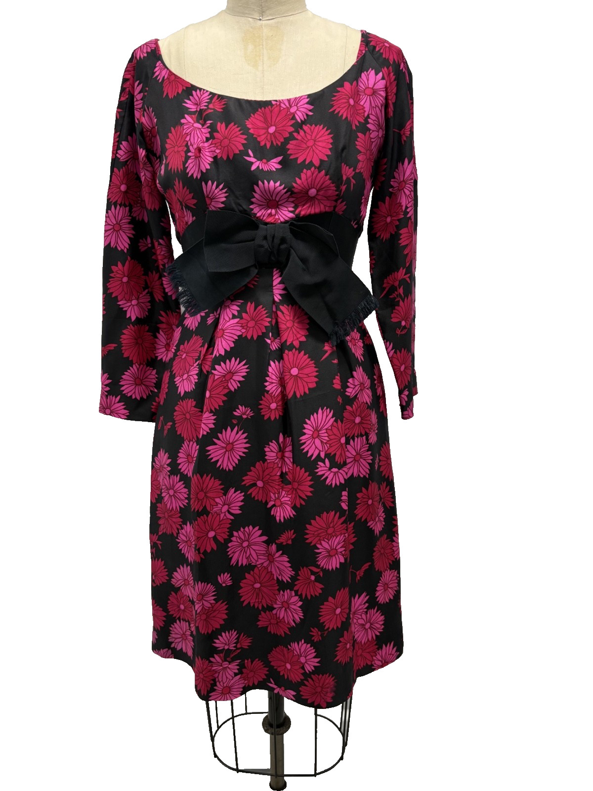 Vintage 60&rsquo;s Jane Derby Black and Fuchsia floral cocktail dress with bow