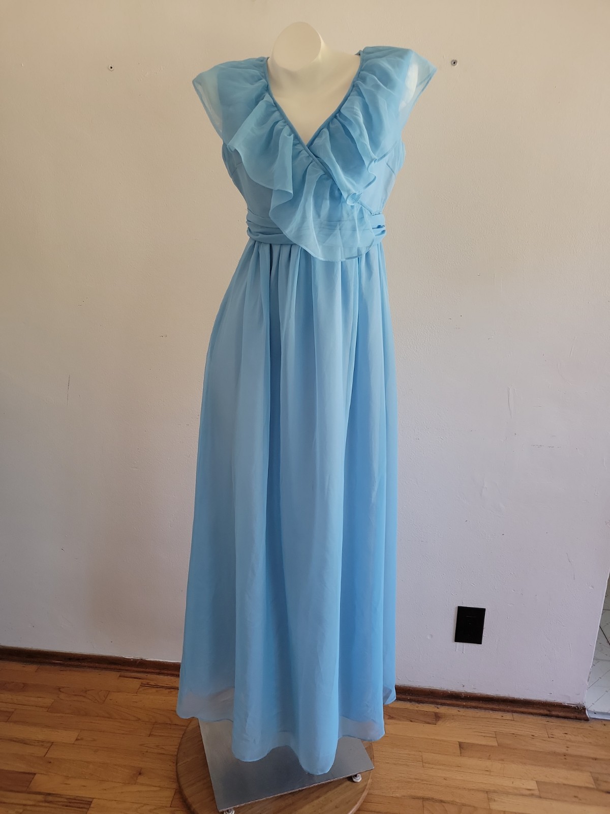 Vintage 70s Handmade Chiffon Maxi Dress Medium Blue Ruffle Cottagecore Princess