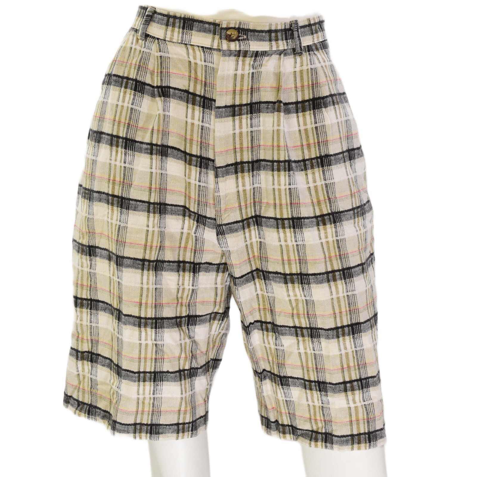 90s Vintage Lisa Linen Cotton Plaid Shorts High Rise Pleated Waist Size XS