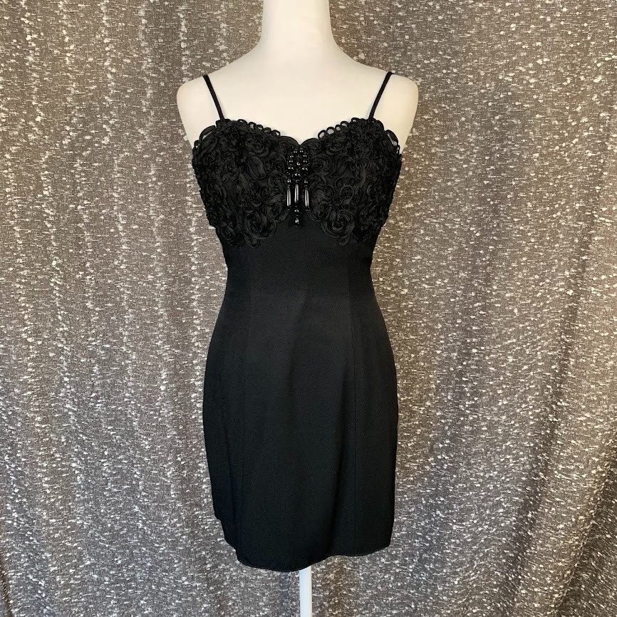 Vintage Flirtations Y2K Gothic Glam Black Dress Beaded Rosette Bodice Whimsigoth