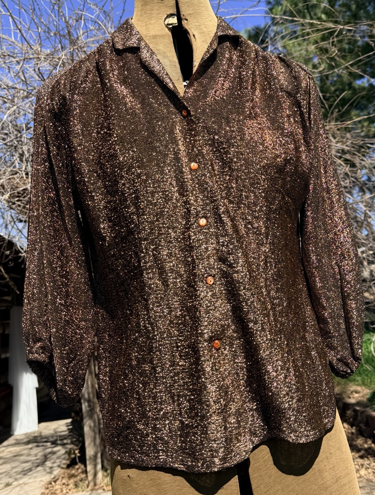 Vtg Blouse Copper Metallic Disco M