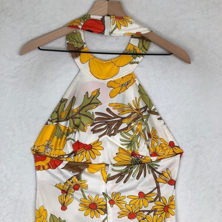 VTG 70s Floral Poppy Open Back Round Neck Halter Maxi Dress Sz S/M White