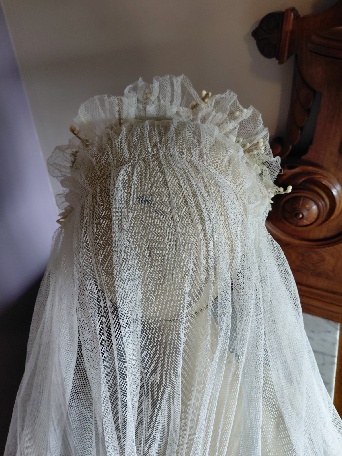 Antique Vintage 1920&rsquo;s Wedding Bridal Veil Wax Orange Blossom Buds Peach Ribbons