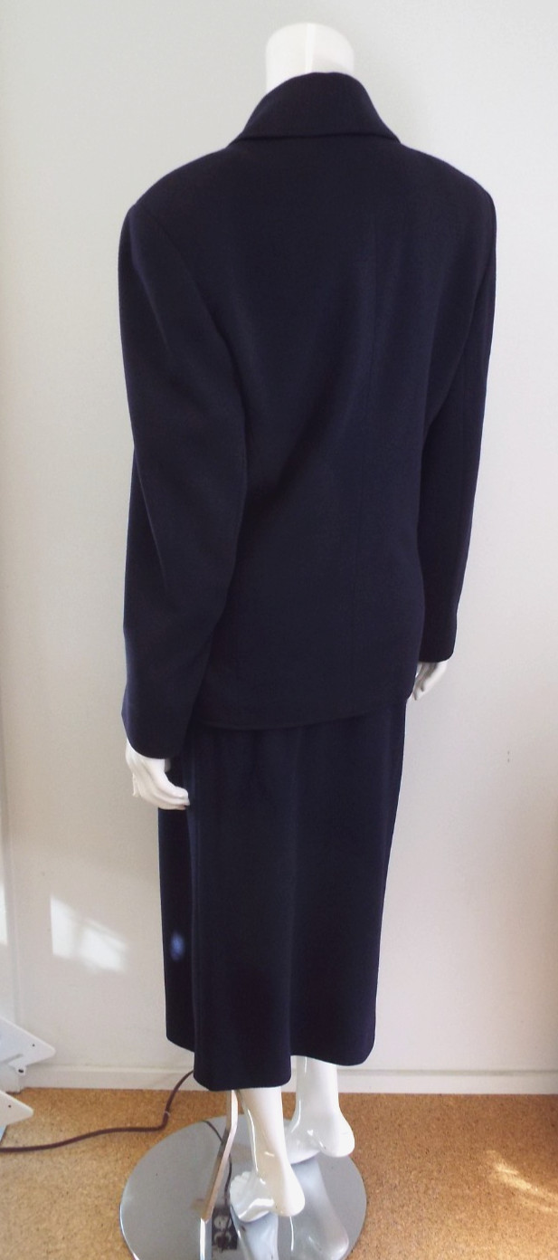 Vintage Giorgio Armani Navy Blue Wool Skirt Suit Double Breasted Blazer 44 Italy