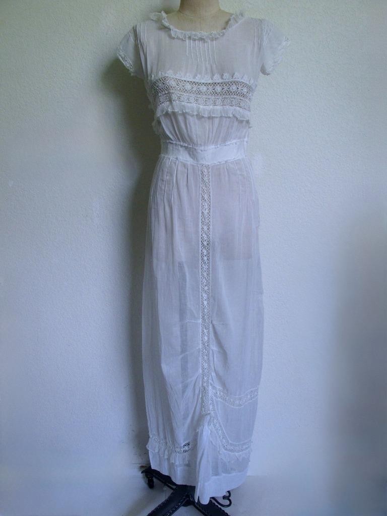 Antique Victorian Edwardian White Sheer Voile Dress XXXS Lace Trim Pintucks