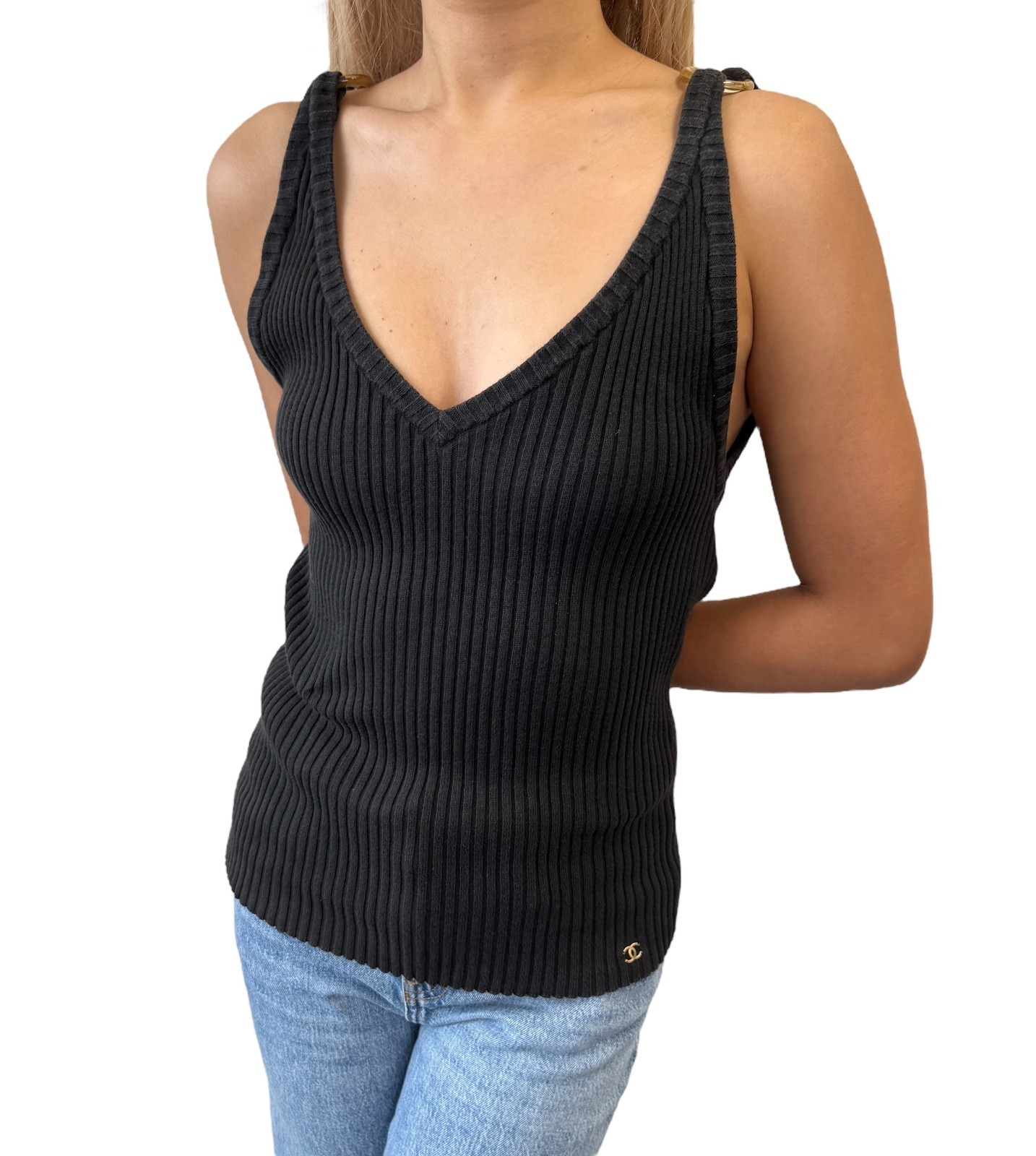 CHANEL Vintage 01C CC Mark Logo V-Neck knit Tank Top #40 Black Gold Cotton
